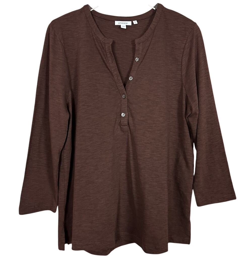 Chicos Womens Size 2 US Large Henley Neck T-Shirt Brown Knit Cotton Modal